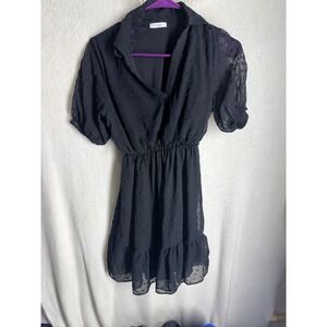 DeFacto Black Swiss Dot Mini Dress Short Sleeve Ruffle Hem Size 34